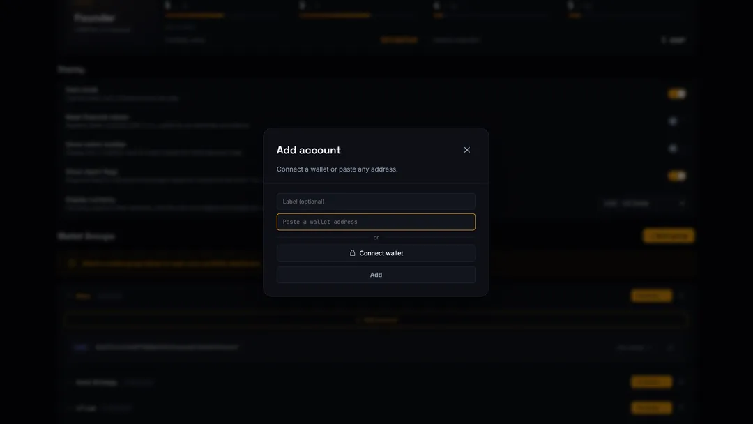 The Add account dialog: paste any wallet address, or connect a wallet without signing