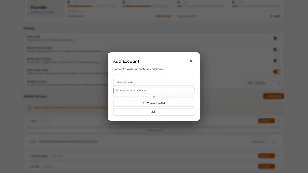 The Add account dialog: paste any wallet address, or connect a wallet without signing